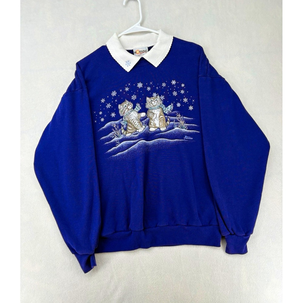 Morning Sun Purple Collared Cat Snowflake Graphic Print Sweatshirt Women's L